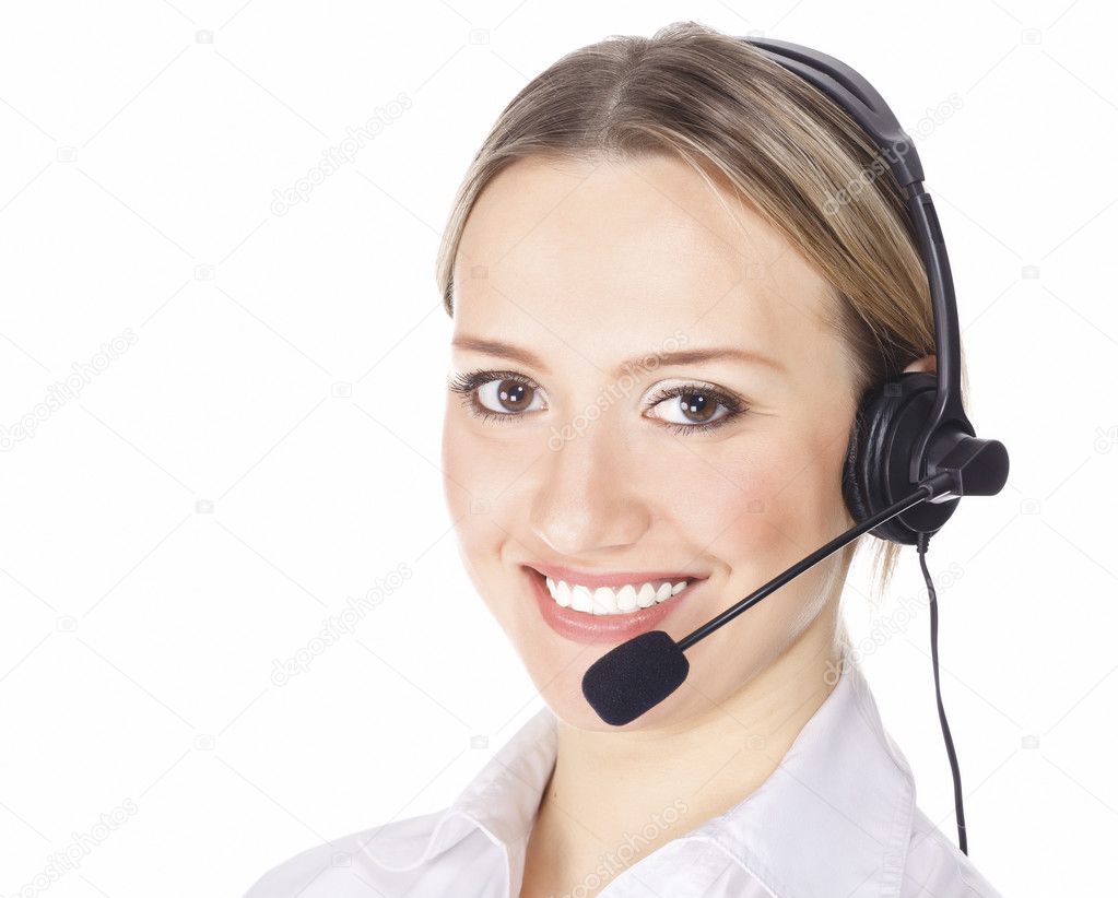 Beautiful customer service operator woman with headset, isolated on white background