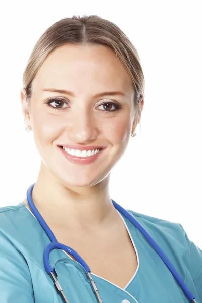 Médico Sorridente Mulher Com Estetoscópio Isolado Sobre Fundo Branco — Fotografia de Stock