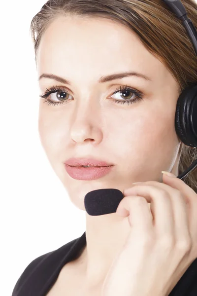 Hermosa mujer operador de servicio al cliente con auriculares — Foto de Stock