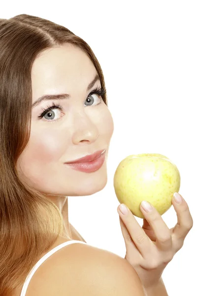 Ritratto di una bella giovane donna con una mela — Foto Stock