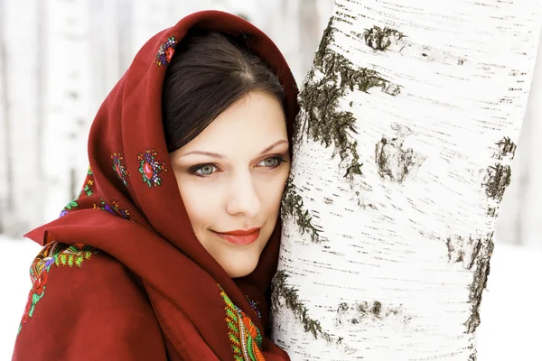 stock image Gorgeous russian woman in shawl standing by the birch