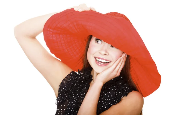 Kırmızı şapkalı oldukça heyecanlı kadın — Stok fotoğraf