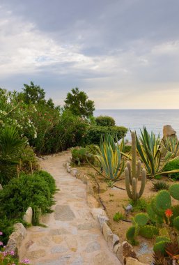 Stone path in the garden against the sea and sky clipart