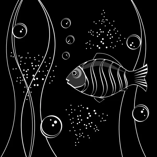 Onderwater scène. vis, zeewier, bubbels. — Stockvector