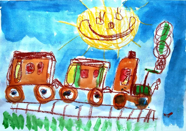stock image Child's watercolor picture of train and sun.