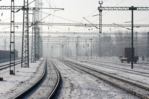 Snöiga Järnvägsspår Vintern — Stockfoto