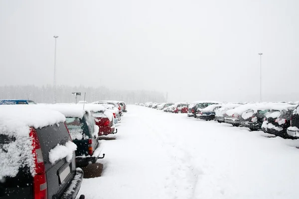 Cars Parking Lot Getting Covered Snow — Stock Photo, Image