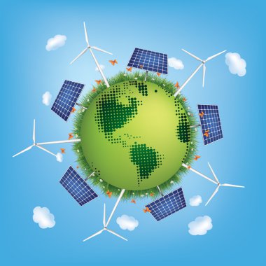 Yeşil gezegen ile güneş panelleri ve windmills.vector.