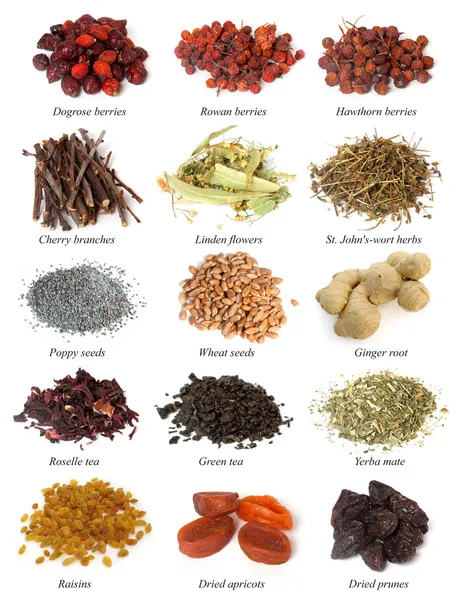 Set from dried herbs, berries and seeds — Stock Photo, Image