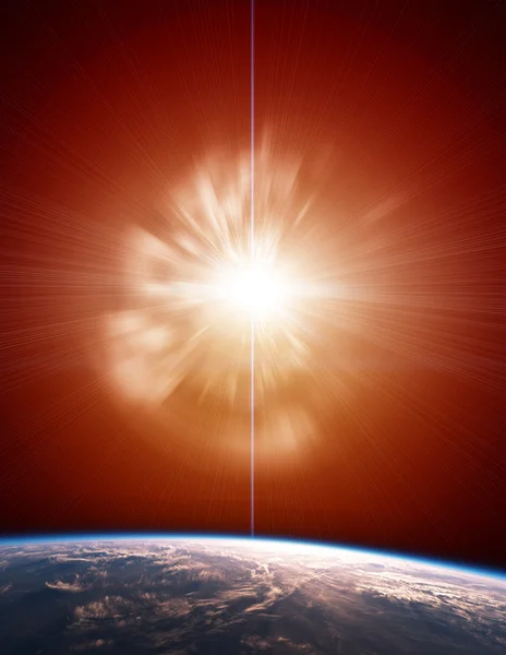 Rote Supernova explodiert mit Planet Erde — Stockfoto