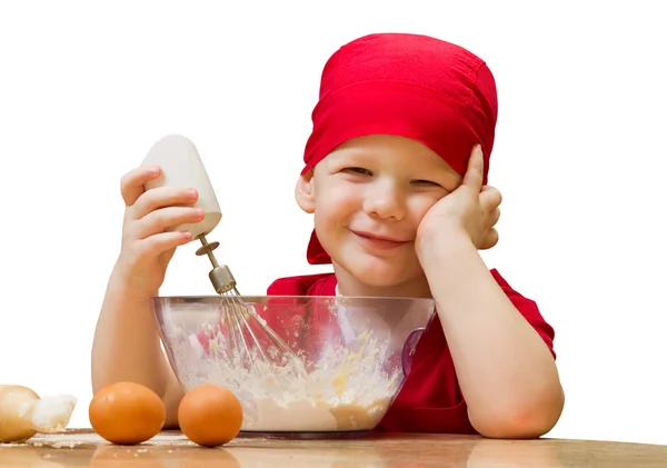 Small boy at kitchen with baking pie, isolated — Stock Photo, Image