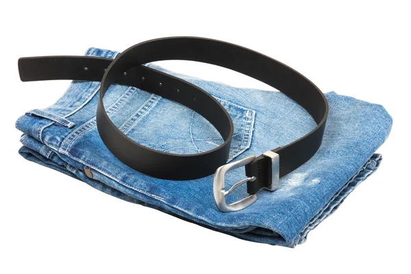 Par Blå Jeans Med Bälte Isolerad Vit — Stockfoto