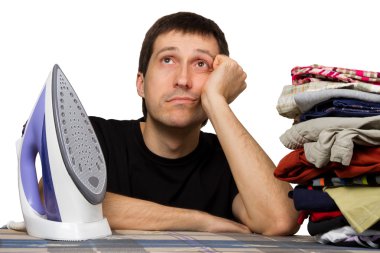 Sad man, ironing board, wash clothing and iron clipart