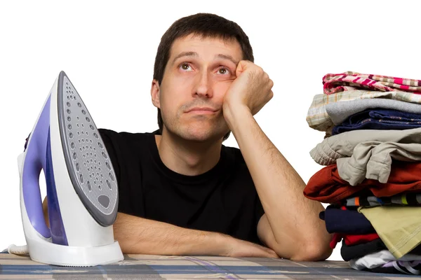 stock image Sad man, ironing board, wash clothing and iron