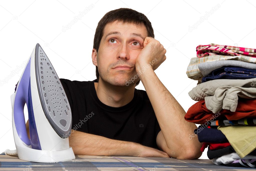 Sad man, ironing board, wash clothing and iron