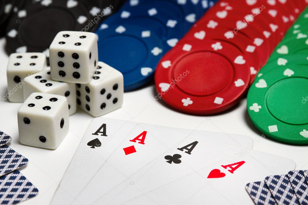 Poker: cards - Four aces, chips and dices