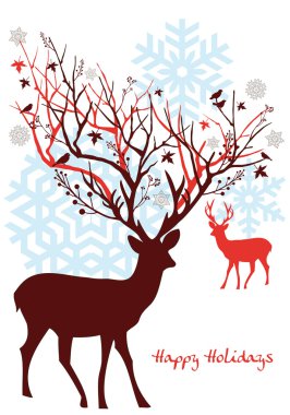 Christmas deer with snowy tree, vector clipart