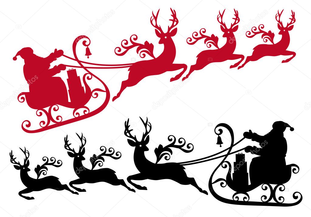 Santa with sleigh and reindeer, vector