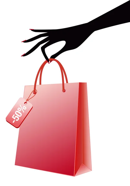 Mano con shopping bag rosso, vettore — Vettoriale Stock