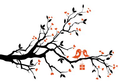 Love bird with gift box, sitting on a tree branch, vector background clipart