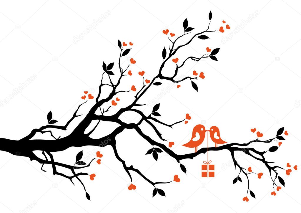 Love bird with gift box, sitting on a tree branch, vector background