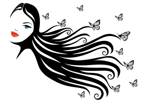 Kobieta Czarnymi Włosami Motyle Wektorowych Ilustracji — Wektor stockowy