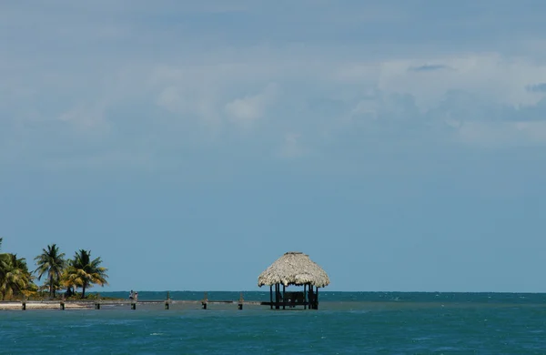 Molo z domku na plaży z palmami, w tle — Zdjęcie stockowe