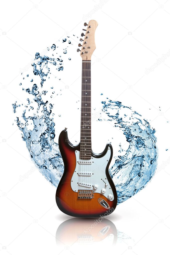 Electric guitar with water splash isolated on white ⬇ Stock Photo