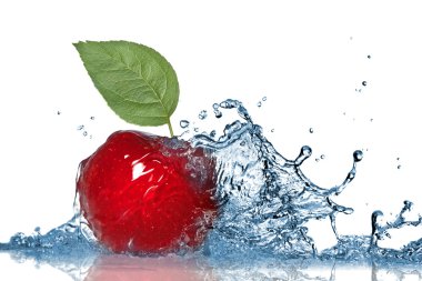 Red apple and water splash isolated on white clipart