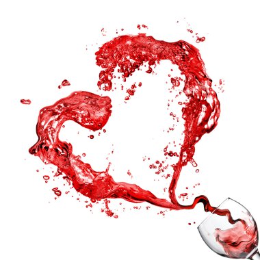 Heart from pouring red wine in glass goblet isolated on white clipart