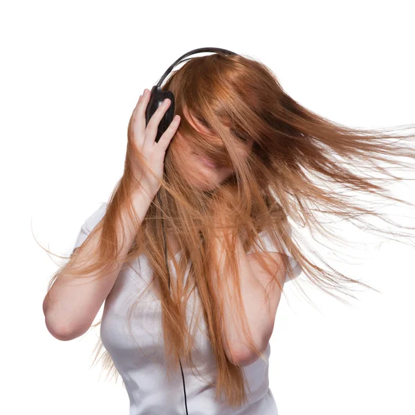 Γυναίκα Ακουστικά Και Μαλλιά Κίνηση Λευκό — Φωτογραφία Αρχείου