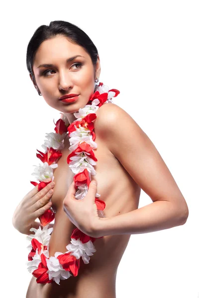 Sexy Frau Mit Girlanden Aus Blumen Isoliert Auf Weiß — Stockfoto