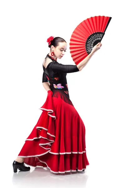 Молода жінка танцює фламенко ізольовано на білому — стокове фото