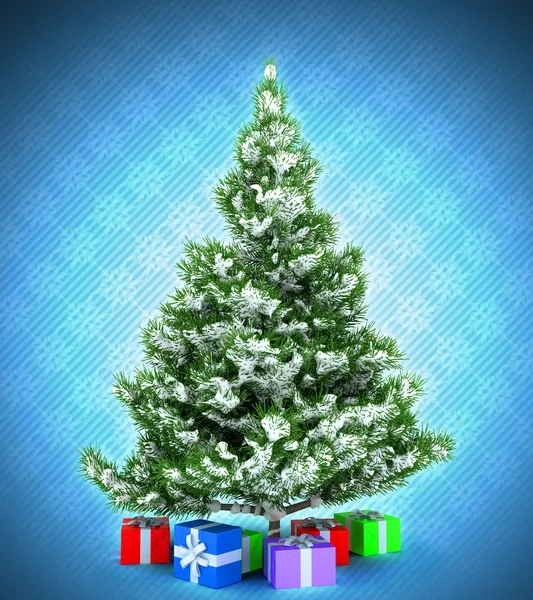 Árvore de Natal com presentes sobre azul escuro — Fotografia de Stock