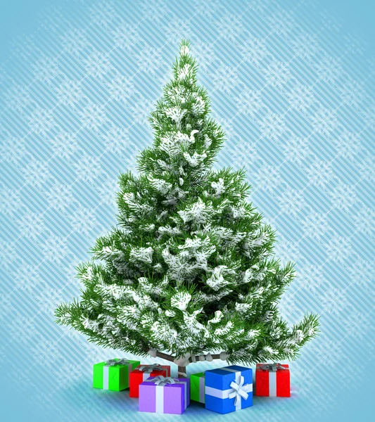 Рождественская елка с подарками над голубыми снежинками — стоковое фото
