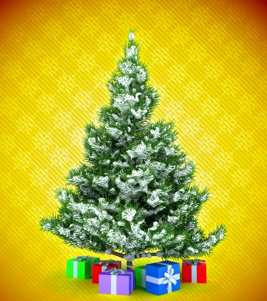 Christmas tree with gifts over yellow — Stock Photo, Image