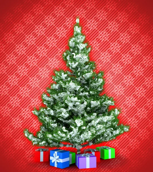 Новогодняя елка с подарками на красный цвет — стоковое фото