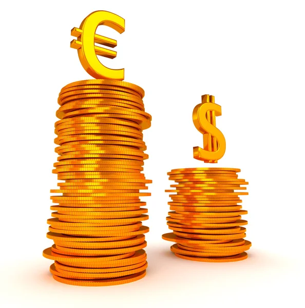 Euro dourado e símbolos do dólar sobre pilhas de moedas — Fotografia de Stock