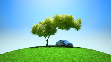 Modern vehicle under tree on green fileld clipart