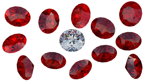 Stor diamant bland röda rubiner — Stockfoto