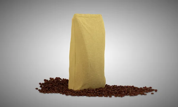 Embalar em grãos de café sobre cinza — Fotografia de Stock