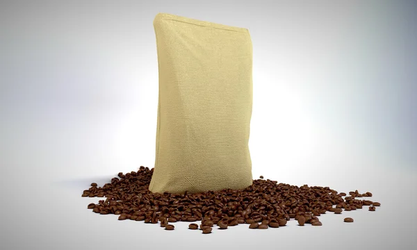 Saque Pack e grãos de café sobre cinza — Fotografia de Stock