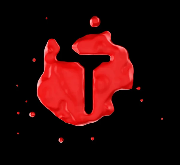 Czerwony kropelka t litery na czarnym tle — Zdjęcie stockowe