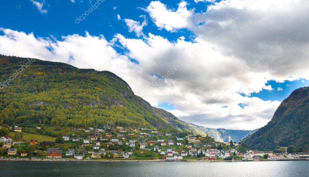 Mountains, village and Norwegian fiord