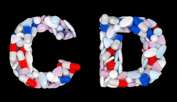 Hälso-och teckensnitt c och d piller bokstäver — Stockfoto