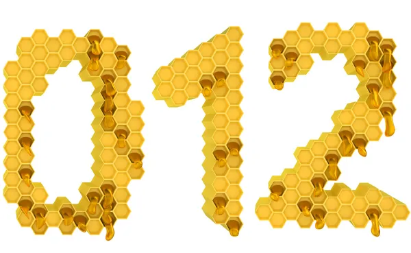 Honung teckensnitt 0 1 och 2 siffror isolerade — Stockfoto