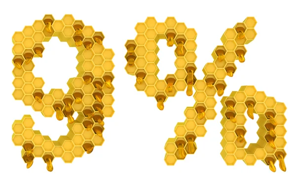 Honung teckensnitt 9 siffror och procent mark isolerade — Stockfoto