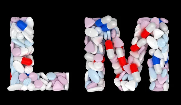 Medikamentenschrift l und m Pillen Buchstaben — Stockfoto