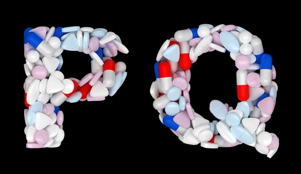 Фармацевтический шрифт P и Q таблетки буквы — стоковое фото