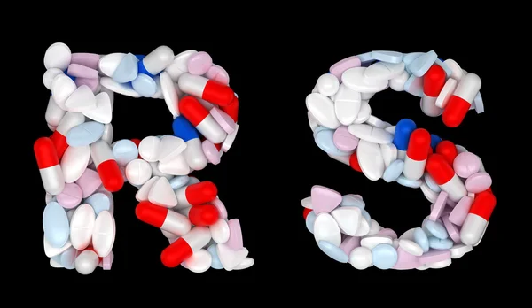 Φαρμακείο γραμματοσειρά r και s χάπια γράμματα — Φωτογραφία Αρχείου